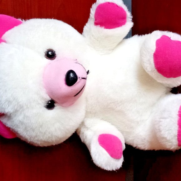 Vintage White and Pink Teddy Bear Plush Stuffed with New Polyester 17" Shining - Picture 6 of 6